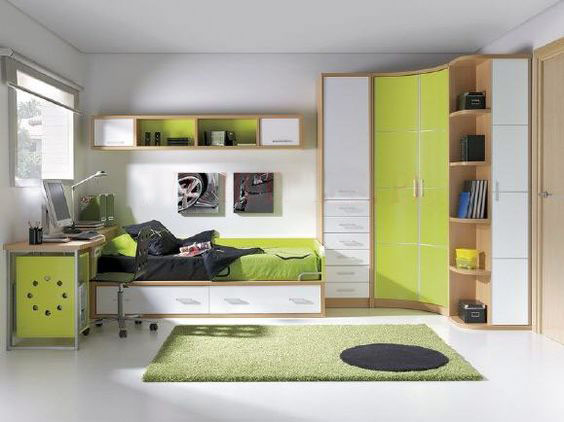 کمد دیواری و تخت سبز و سفید